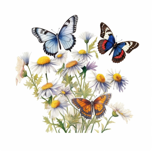 A painting of butterflies on a flower with a white background.