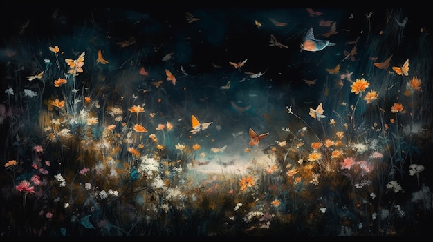 A painting of butterflies flying over a field of flowers.