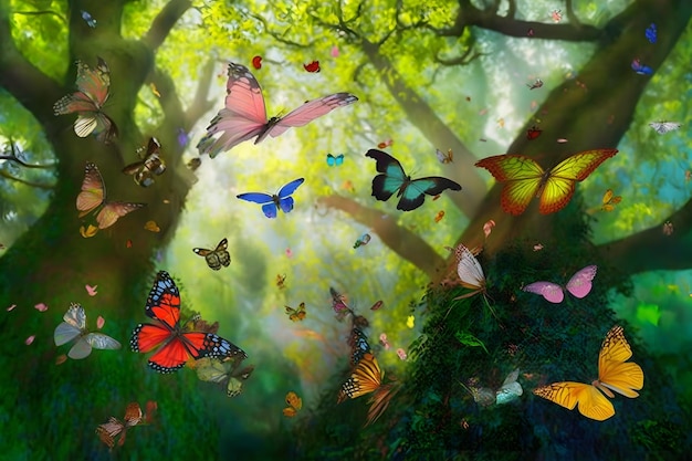 A painting of butterflies in the forest with a green background.