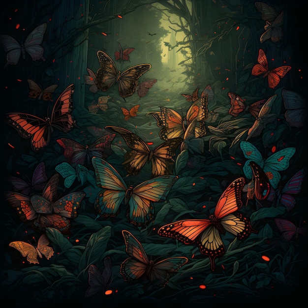 A painting of butterflies in a forest with a light on the back