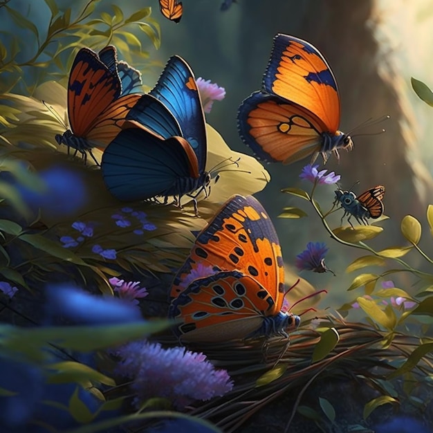 A painting of butterflies in the forest