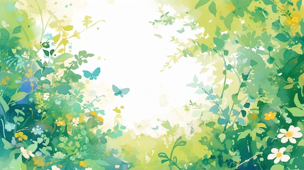 A painting of butterflies and plants with a green background Spring and summer forest