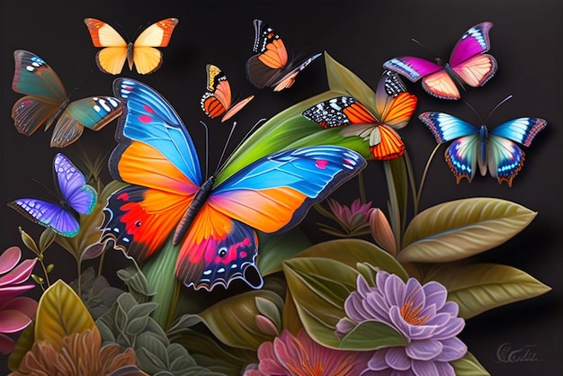 A painting of butterflies with a black background and a black background.