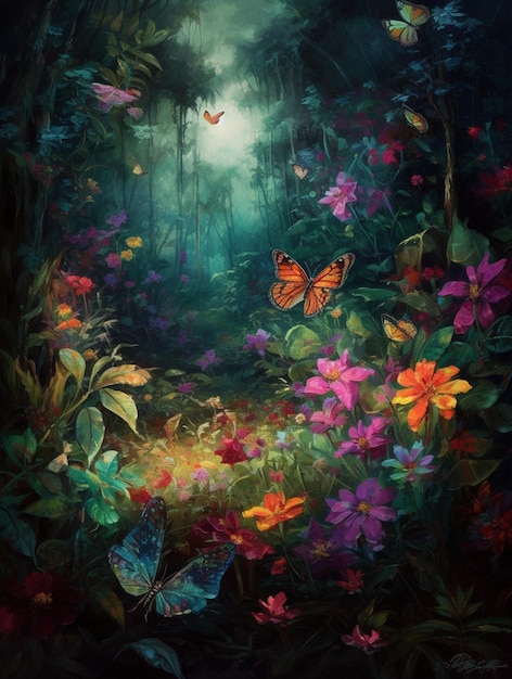 A painting of a butterfly and a butterfly in the forest.