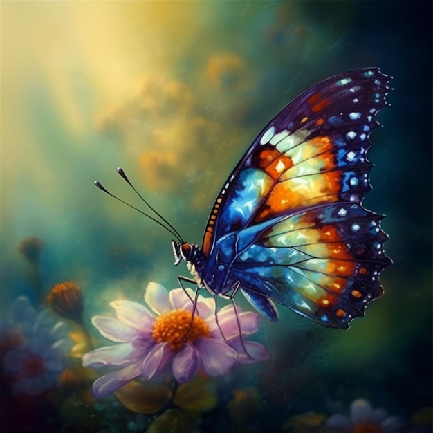 painting of a butterfly on a flower with a green background generative ai