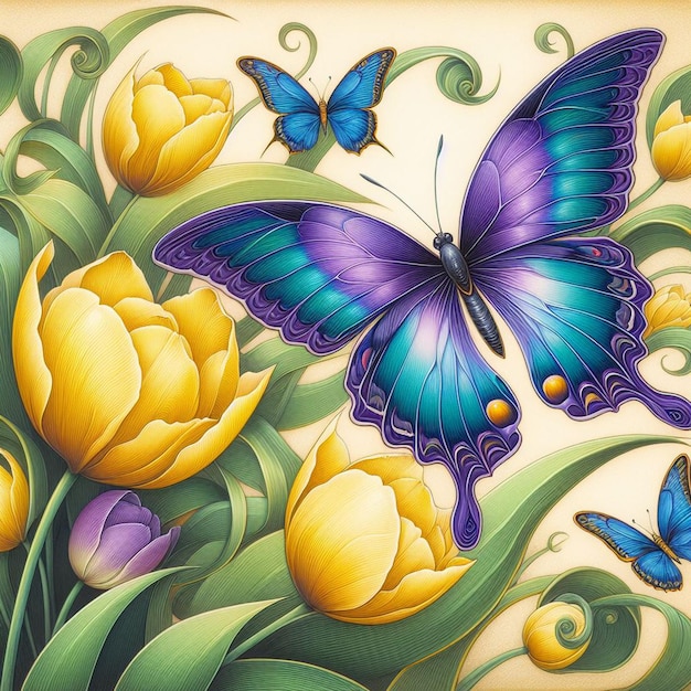 a painting of a butterfly and flowers with butterflies