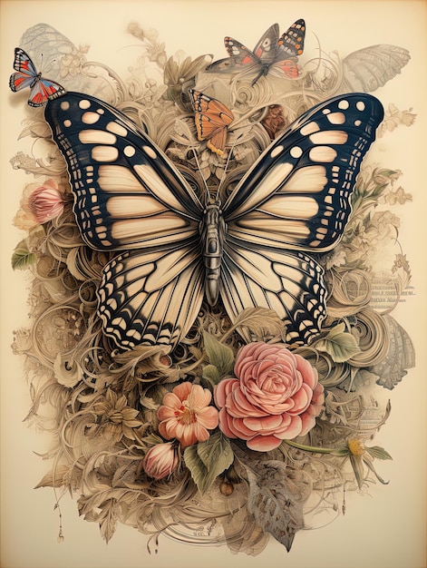 a painting of a butterfly and flowers with a butterfly on it