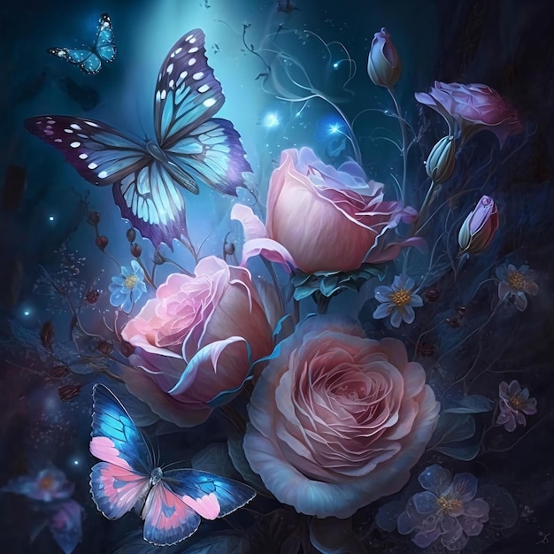 A painting of a butterfly and flowers