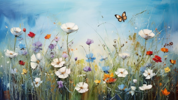 Painting of Butterfly Flying Over Field of Flowers