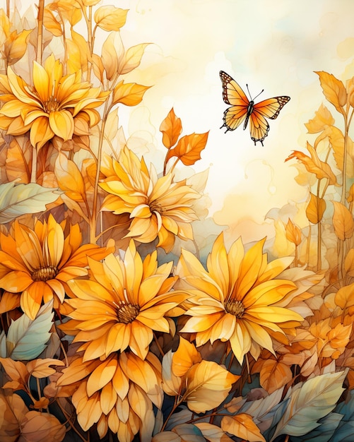 painting of a butterfly flying over a field of yellow flowers generative ai