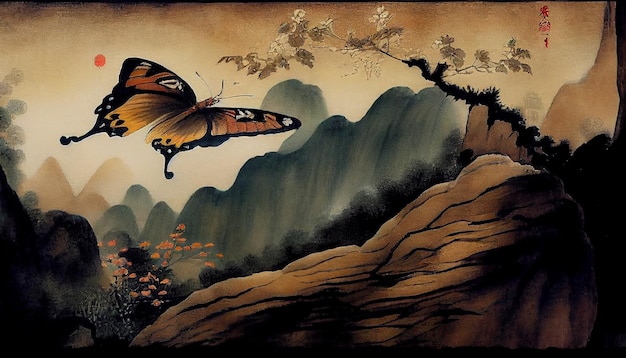 painting of a butterfly flying over a mountain with a tree generative ai