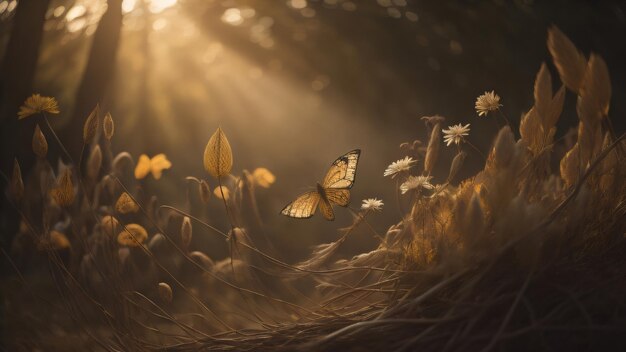 A painting of a butterfly flying in the sun