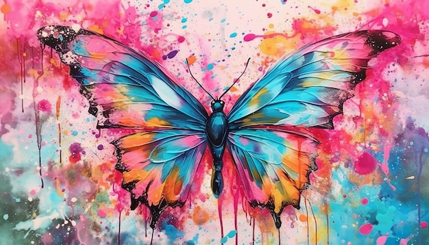 A painting of a butterfly with colorful paint splatters.