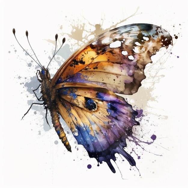 Painting of a butterfly with a colorful wing and a splattered wing generative ai