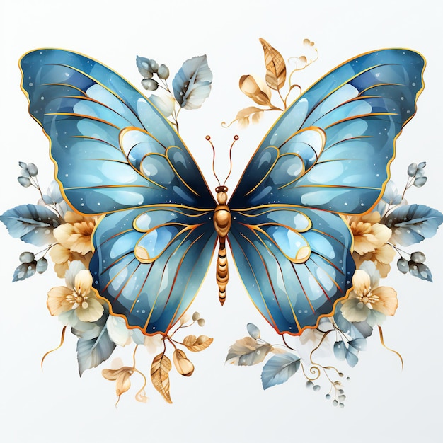 금색과 파란색의 나비 그림.