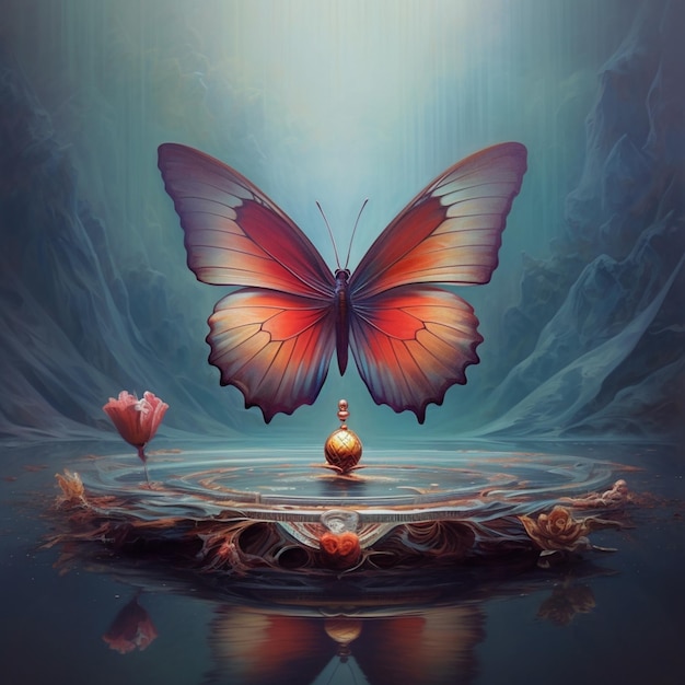 painting of a butterfly with a golden egg on a lake generative ai