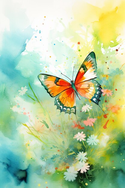 painting of a butterfly with orange wings and white flowers generative ai