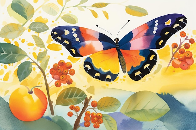 A painting of a butterfly with a yellow background and a blue and orange butterfly.