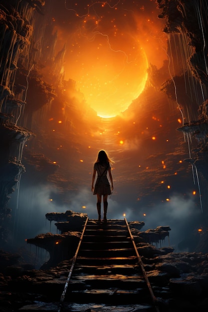 Картина художника, изображающая женщину, стоящую на ступеньке и смотрящую в небо полной луны.