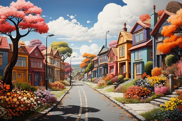 Photo a painting by neil osbourne depicts a colourful house road naive art tranquil gardenscapes