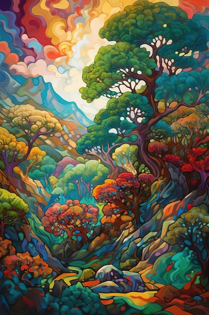 A painting by person of a forest with a mountain in the background.