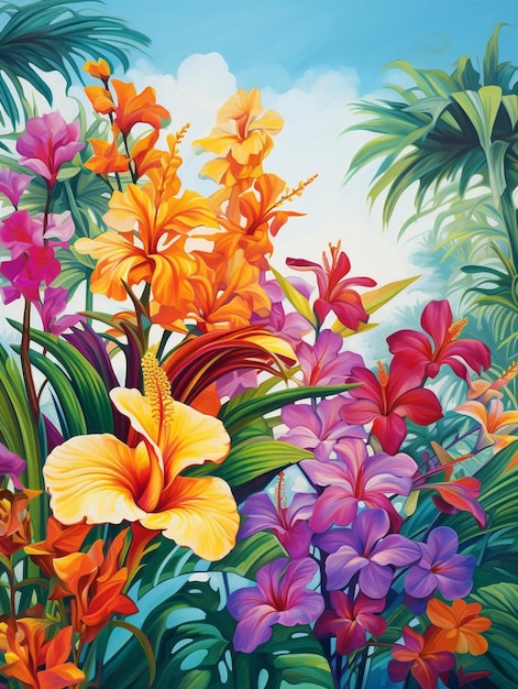 a painting by person of a tropical garden with tropical plants and flowers.