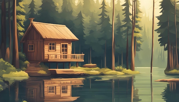 Photo a painting of a cabin by the lake with a reflection of trees in the water