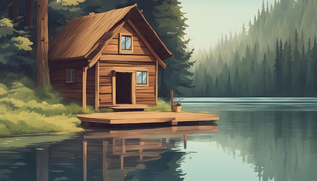 Photo a painting of a cabin by the lake