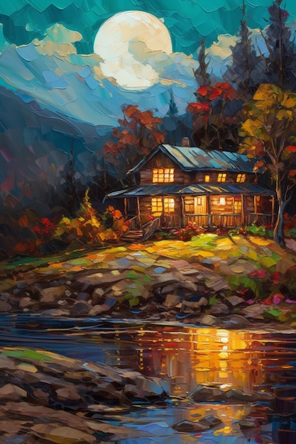 A painting of a cabin by the lake