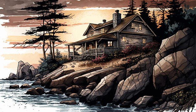 Photo a painting of a cabin by the water