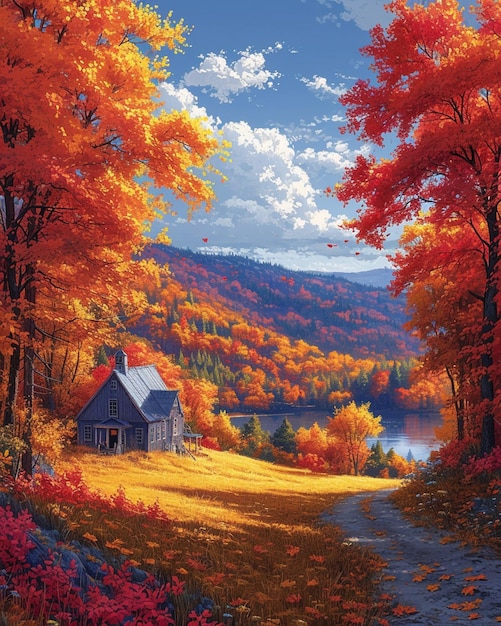 painting of a cabin in a colorful autumn forest with a lake generative ai
