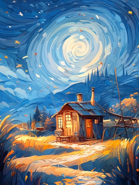 Painting of a cabin in a field with a sky background generative ai