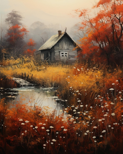 painting of a cabin in a field with a stream running through it generative ai