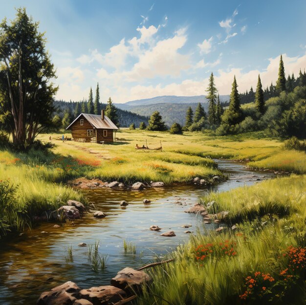 A painting of a cabin in a meadow with a river and trees