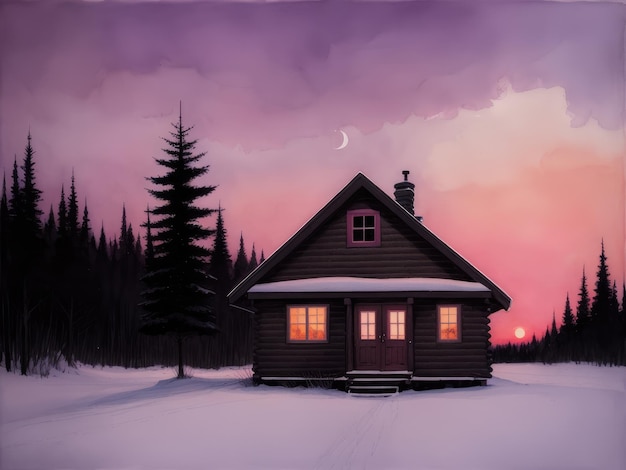 A painting of a cabin in a snowy forest with a sunset in the background