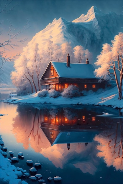 Painting of a cabin in a snowy landscape generative ai