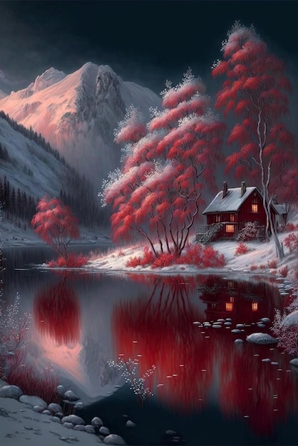 Painting of a cabin in a snowy landscape generative ai
