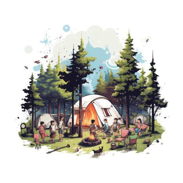 A painting of a cabin with a camper on it