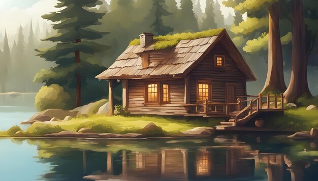 Photo a painting of a cabin with a tree on the roof