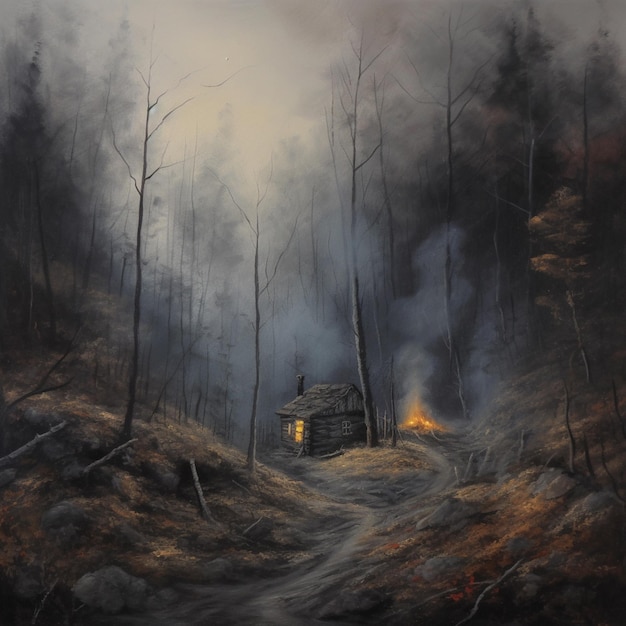 Painting of a cabin in the woods with a fire coming out of it generative ai