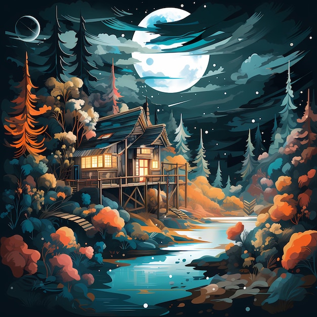 A painting of a cabin in the woods with a full moon in the background.