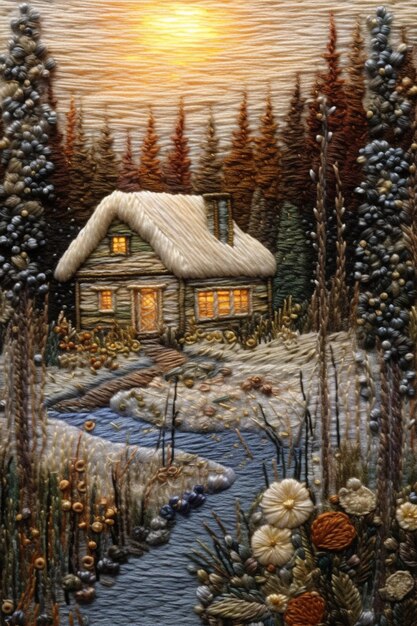 Painting of a cabin in the woods with a stream running through it generative ai