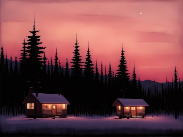 A painting of a cabin in the woods with the sun shining on the roof