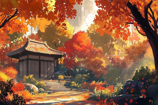 a painting of a cabin in the woods with a tree in the background