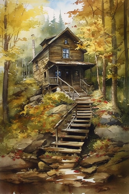 A painting of a cabin in the woods