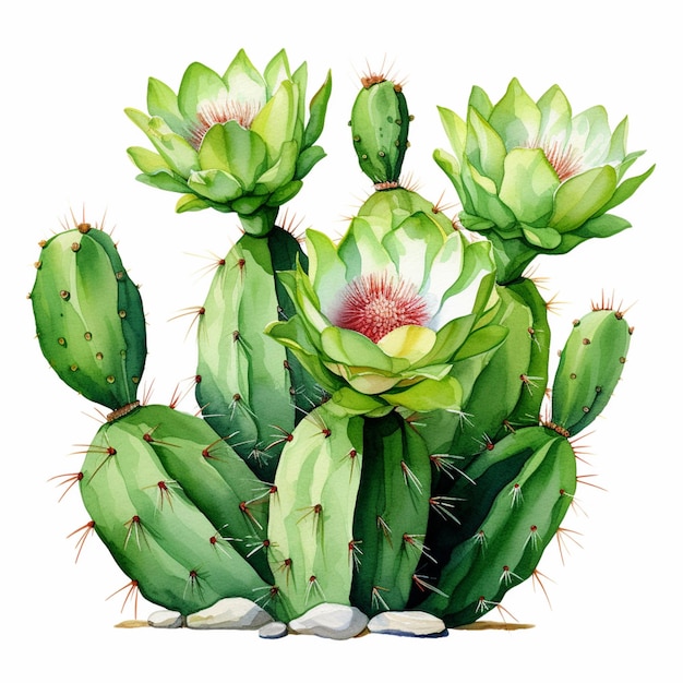 Painting of a cactus plant with a flower and rocks generative ai