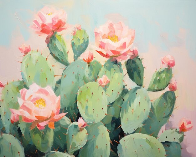 Painting of a cactus plant with pink flowers against a blue sky generative ai