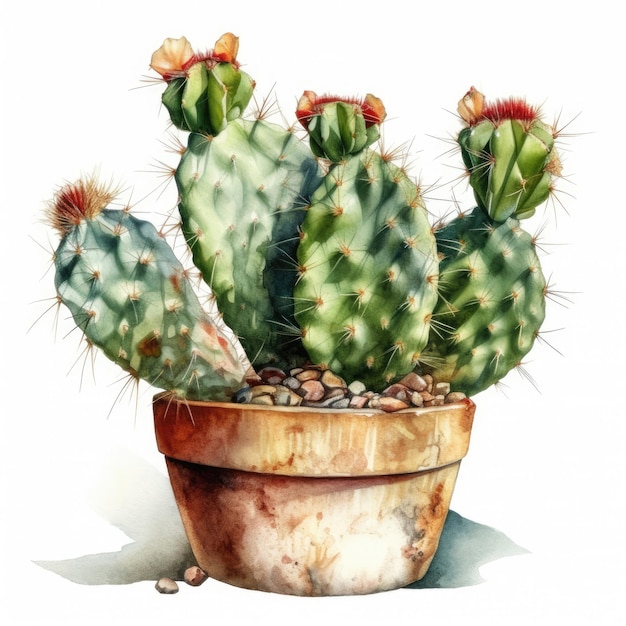 A painting of a cactus in a pot with flowers