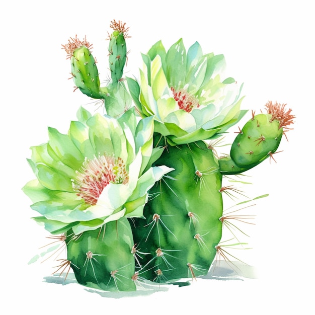 Painting of a cactus with flowers on a white background generative ai