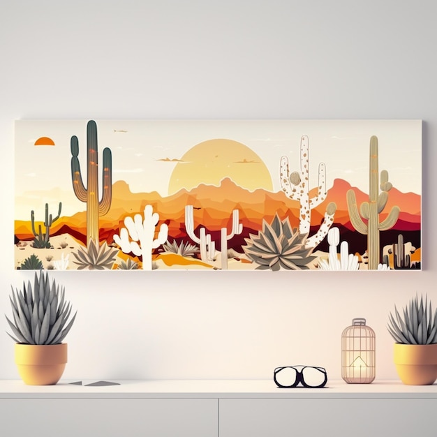 A painting of cactuses and a cactus is hanging on a wall
